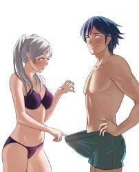 1boy 1girls alternate_costume big_breasts bikini blue_eyes blue_hair blush breasts brown_eyes chrom_(fire_emblem) clothes_pull embarrassed female fire_emblem fire_emblem_awakening grey_hair looking_at_penis looking_away male nintendo official_alternate_costume penis_awe pomelomelon purple_bikini purple_swimsuit red_eyes robin_(fire_emblem) robin_(fire_emblem)_(female) small_pupils straight swimsuit twintails wide_eyed