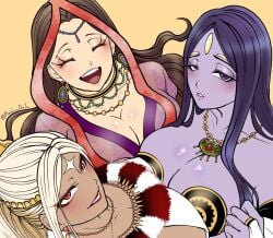 3girls big_breasts breast_press breast_to_breast brown_hair closed_eyes collar durga_(shuumatsu_no_valkyrie) excited female_focus female_only hair_ornament happy_female kali kali_(shuumatsu_no_valkyrie) long_hair looking_at_viewer looking_up parvati_(shuumatsu_no_valkyrie) purple_hair purple_skin red_eyes shuumatsu_no_valkyrie submissive_female tagme threesome trio trio_focus white_hair