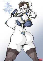 2022 alternate_costume ass big_ass big_breasts breasts brown_eyes bubble_butt busty c_string capcom chun-li curvaceous curvy earrings elbow_gloves fingerless_gloves hourglass_figure large_breasts long_hair monochrome nylons pinup pinup_pose sideboob standing stockings street_fighter tied_hair voluptuous wide_hips witchking00