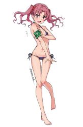 10s 1girls 2019 :d ^^^ armband ass_visible_through_thighs bangs bare_legs bare_shoulders barefoot bikini blush bow breasts collarbone cute eyebrows_visible_through_hair full_body gluteal_fold hair_ribbon hairbow isshi_pyuma leg_up long_hair looking_at_viewer micro_bikini navel open_mouth parted_bangs pink_hair purple_bikini purple_eyes purple_ribbon red_bow red_ribbon ribbon shirai_kuroko side-tie_bikini signature simple_background small_breasts smile solo solo_female standing standing_on_one_leg swimsuit teenage_girl teenager thigh_gap to_aru_kagaku_no_railgun to_aru_majutsu_no_index toes twintails twitter_username white_background young