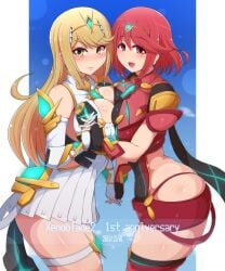 2girls accessory ass bare_shoulders big_breasts blonde_hair blush blushing_at_viewer breast_press breast_to_breast breasts breasts_to_breasts busty chest_jewel circlet cleavage curvy dual_persona earrings eye_contact female female_only fingerless_gloves gloves holding_hands jewel large_breasts light-skinned_female light_skin long_hair looking_at_viewer multiple_girls mythra ponpo ponponmaru pyra red_eyes red_hair shiny_skin short_hair shorts smile smiling smiling_at_viewer symmetrical_docking tagme thick_thighs thigh_strap thighs tiara voluptuous xenoblade_(series) xenoblade_chronicles_2 yellow_eyes