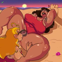 2girls alternate_version_available armpit_hair beach black_hair blonde_hair dark-skinned_female dark_skin disney female female_only hairy_armpits hairy_pussy huge_breasts lifeguard_(lilo_and_stitch) lilo_and_stitch long_hair multiple_girls mythologikart nani_pelekai pubic_hair pussy straight_hair swimsuit swimsuit_aside yuri