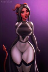 1girls aozee artist_name athletic athletic_female bedroom_eyes big_breasts black_hair bodysuit breasts clothed curvy demon demon_girl demon_tail dungeons_and_dragons eyebrows eyelashes female female_only gradient_background hair hand_on_ass horns lips long_hair original_character purple_background red_body red_eyes solo solo_female tagme tail teeth teeth_showing thick_thighs thighs tiefling white_sclera zera_(darkneazy)