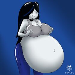 adventure_time black_eyes black_hair choker fang_smile fetish gray_bra hair_down hands_on_breasts huge_belly hyper_pregnancy innie_belly_button jeans long_fingernails long_hair marceline marceline_abadeer pregnant ready_to_pop