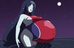 adventure_time axel-rosered belly_button_visible_through_clothing black_hair breasts_on_belly demon_girl fangs female female_focus female_only full_moon hand_on_belly huge_belly long_hair marceline marceline_abadeer night_sky ocean one_piece_swimsuit open_mouth pale-skinned_female pale_skin pregnant pregnant_belly ready_to_pop red_eyes side_view sideboob smug_face stars thin_eyebrows vampire white_stripe wide_hips