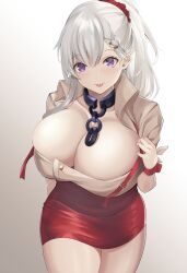 absurdres apron azur_lane beige_shirt belfast_(azur_lane) belfast_(piping-hot_perfection)_(azur_lane) braid breasts broken broken_chain chains cleavage female french_braid hair_between_eyes hair_ornament hair_scrunchie highres huge_breasts long_hair looking_at_viewer low_neckline neneneji purple_eyes red_apron red_scrunchie scrunchie short_sleeves simple_background solo tongue tongue_out white_hair