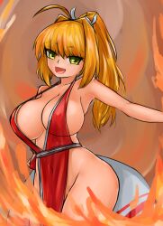 1girls absurd_res barely_clothed big_breasts big_sister cosplay covered_navel fan fatal_fury fate/extra fate/grand_order fate_(series) female female_only fire highres huge_breasts king_of_fighters mai_shiranui_(cosplay) nero_claudius_(fate) no_bra no_panties no_underwear nude_underneath onee-chan ponytail revealing_clothes snk solo steamingtofu thick_thighs