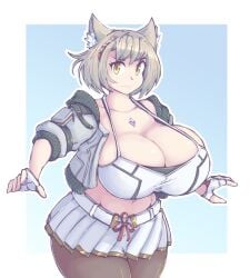 1girls breasts cat_ears cleavage female female_focus grey_hair huge_breasts jacket kittenboogers midriff mio_(xenoblade) pantyhose short_hair skirt solo solo_female solo_focus top_heavy xenoblade_(series) xenoblade_chronicles_3 yellow_eyes