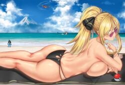 1girls absurd_res anima_(togashi) ass backboob bikini_bottom blonde_hair cynthia_(pokemon) eyebrows_visible_through_hair hair_over_one_eye heart-shaped_eyewear hi_res huge_breasts large_breasts looking_over_eyewear looking_over_glasses looking_over_sunglasses outdoors pokemon pokemon_dppt purple-tinted_eyewear sunglasses thick_thighs thighs tied_hair tinted_eyewear topless voluptuous