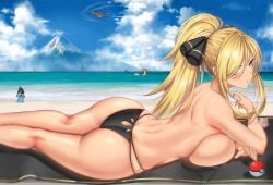 1girls absurd_res anima_(togashi) ass backboob bikini_bottom blonde_hair cynthia_(pokemon) eyebrows_visible_through_hair hair_over_one_eye hi_res huge_breasts large_breasts outdoors pokemon pokemon_dppt thick_thighs thighs tied_hair topless