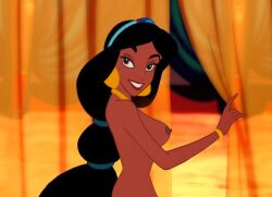 aladdin big_breasts black_hair breasts champelli disney disney_princess edit female female_only gold gold_jewelry naked nipples no_bra no_panties princess princess_jasmine screenshot_edit seductive seductive_look