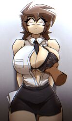 albry_(zzzhodazzz) big_breasts black_bra bra breasts brown_hair freckles grabbing grabbing_breasts groping holding holding_breast huge_breasts kyurby_(zzzhodazzz) short_hair tagme thick_thighs yellow_eyes zzzhodazzz