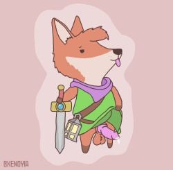 anthro balls bodily_fluids canid canine clothed clothing clothing_lift fox genital_fluids genitals knot male male_only mammal penis precum presenting presenting_penis ruin_seeker solo sword tunic_(video_game) weapon xenoyia_(artist)