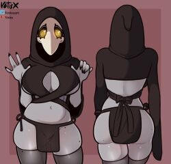 1girls back back_view big_breasts black_nails blush breasts butt cleavage crop_top female front_view grey_body hood margaret_(vetisx) multiple_views plague_doctor plague_doctor_mask revealing_clothes solo thick_thighs thighhighs thighs translucent_clothing vetisx yellow_eyes