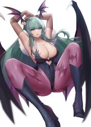 1girls arm_sleeves arms_above_head bangs bat_print bent_legs cameltoe capcom clothing darkstalkers demon_wings female female_only green_eyes green_hair head_wings heel_boots large_breasts legs_apart leotard long_hair looking_at_viewer morrigan_aensland ningzi nipple_bulge pantyhose pink_pantyhose solo solo_female succubus very_high_resolution white_background wings