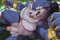 1boy 2d absurd_res animated anthro blue_fur fur furry hi_res highres league_of_legends male male_only muscular_male naked penis riot_games smooth_skin sollyz solo solo_focus solo_male tagme video warwick white_fur