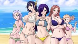 beach bikini bikini_top blonde_hair blue_hair breasts brunhild_(shuumatsu_no_valkyrie) göll_(shuumatsu_no_valkyrie) green_eyes hair_ornament hard_nipples hlokk_(shuumatsu_no_valkyrie) hrist_(shuumatsu_no_valkyrie) justin_darkgeminis long_hair orange_hair purple_hair randgriz_(shuumatsu_no_valkyrie) shuumatsu_no_valkyrie