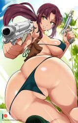 1girls ass ass_cleavage bayeuxman bikini black_lagoon brown_hair butt_crack dat_ass dual_wielding female female_only gun long_hair looking_at_viewer ponytail pussy revy sideboob solo tattoo weapon