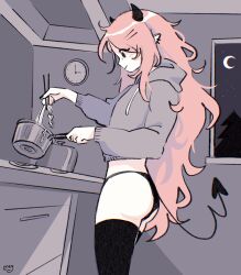 1girls ass cooking demon female female_only freckles grey_hoodie hoodie horns june_(megrocks) kitchen long_hair megrocks mob_face night no_pants noodles original original_character panties pink_hair smile solo succubus succubus_horns succubus_tail tail thighhighs