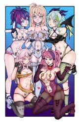 5girls animal_ears areolae big_breasts blonde_hair blue_eyes blue_hair blush breasts breasts_out cat_ears cat_tail catgirl demon demon_girl froot green_highlights hands_on_breasts hands_under_breasts hime_hajime horns ironmouse jennobasilicum large_breasts lich light-skinned_female light_skin melody_(projektmelody) multiple_girls nekomimi nipple_piercing nipples no_bra nyatasha_nyanners panties pantyhose pierced_nipples piercing piercings pink_eyes pink_hair police_tape projektmelody pubic_tattoo purple_eyes purple_hair small_breasts tail tape virtual_youtuber vshojo wings