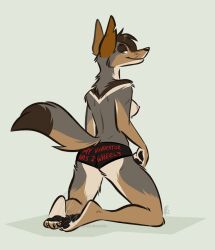 anthro bottomwear breasts canid canine canis clothed clothing coyote feet female hotpants mammal meme meme_clothing nicnak044 nipples pawpads paws sahara_(nicnak044) shorts solo topless