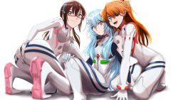 3girls absurd_res artist_request ass asuka_langley_sohryu blue_hair bodysuit breasts brown_hair clothing eye_patch eyepatch female female_only glasses hi_res human interface_headset light-skinned_female light_skin light_skinned_female long_hair looking_at_viewer looking_back mari_illustrious_makinami medium_breasts multiple_girls neon_genesis_evangelion orange_hair pale-skinned_female pale_skin pilot_suit plugsuit png presenting rebuild_of_evangelion rei_ayanami skin_tight small_breasts smile trio