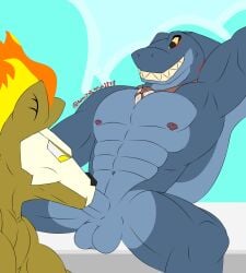 2d abs admiralbruh1897 animated anthro balls collar dungeons_of_aether duo fellatio fish forsburn genitals gif hi_res humanoid_genitalia hyaenid male male/male mammal marine mask muscular muscular_male naked nipples nude oral pecs penile penis rivals_of_aether sex shark sharp_teeth short_playtime slade_(dungeons_of_aether) teeth video_games yellow_eyes