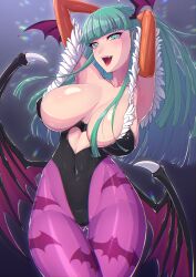 1girls arm_sleeves arms_behind_head bangs bat_print big_breasts blunt_bangs cameltoe capcom clothing crossed_legs darkstalkers demon_wings fangs female female_only green_eyes green_hair head_wings hi_res kemurin large_breasts legs_together leotard long_hair looking_at_viewer morrigan_aensland open_mouth pantyhose pink_pantyhose smiling smiling_at_viewer solo solo_female succubus thigh_gap wings