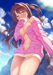 bangs blue_sky blush breasts brown_eyes brown_hair cloud commentary_request cowboy_shot day drawstring female hair_between_eyes hand_to_own_mouth highres hood hoodie ichi_makoto idolmaster idolmaster_cinderella_girls kazuma_(kazumav) large_breasts lens_flare long_hair long_sleeves looking_at_viewer naked_hoodie navel off_shoulder open_clothes open_hoodie open_jacket outdoors pink_hoodie rock shimamura_uzuki sky smile solo sweat the_idolm@ster the_idolm@ster_cinderella_girls thighs