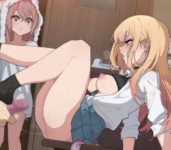 1boy 2girls after_sex after_vaginal black_bra black_legwear black_socks blonde_hair bra bra_lift breasts caught_in_the_act censored choker condom cum cum_string dat_pussy deep_penetration eye_contact female fringe gojou_wakana gyaru heavy_breathing hidden hiding inui_sajuna kakure_eria kitagawa_marin light-skinned_male long_hair medium_breasts missionary_position mosaic_censoring naughty_face on_table pale-skinned_female penis petite piercing pink_eyes pink_hair pussy_juice pussy_juice_string school_uniform schoolgirl seductive_eyes seductive_look seductive_smile skirt skirt_lift socks sono_bisque_doll_wa_koi_wo_suru teenager tie_pull two_tone_hair used_condom vaginal_penetration walk-in walking_in_on