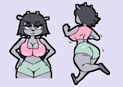 1girls ass barefoot big_ass big_breasts black_hair booty_shorts bovid breasts caprine clothing female fully_clothed furry grey_body grey_fur hair horns motion_lines parappa_the_rapper rammy_lamb running toedi um_jammer_lammy workout