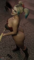1girls 3d ass baseball_bat batman_(series) big_ass blender blender_(software) blonde_female boots bottomless corset dc dc_comics female female_only half_naked harley_quinn harley_quinn_(injustice) huge_ass injustice_2 red_lj solo