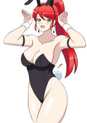 1girls armpits arms_up bangs big_breasts blush breasts bunny_ears bunny_girl bunny_tail bunnysuit busty cleavage earrings eyebrows_visible_through_hair female female_only green_eyes high_ponytail large_breasts long_hair looking_at_viewer open_mouth playboy_bunny ponytail pyrrha_nikos red_hair rwby sealllll shiny_hair shiny_skin sidelocks smile