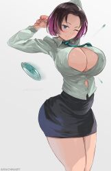 1girls 2022 arachnart black_hair blue_eyes breasts bursting_breasts bursting_buttons button_gap buttons clothed clothed_female dragon_girl elma_(dragon_maid) female female_only hips huge_breasts massive_breasts miss_kobayashi's_dragon_maid office_lady popped_button short_hair slim_waist straining_buttons thick_thighs thighs tight_clothing wardrobe_malfunction wide_hips