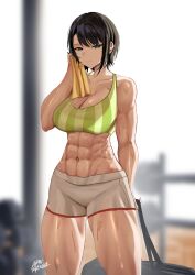 abs absurdres artist_name bag black_hair blurry blurry_background bra breasts cleavage female green_bra green_eyes highres holding holding_bag hololive hololive_gen_2 hololive_japan looking_at_viewer muscular muscular_female muscular_thighs navel oozora_subaru ryo_(ryo_artys) short_hair shorts solo sports_bra standing sweat underwear virtual_youtuber white_shorts