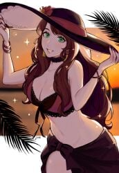 1girls alternate_costume belly bikini bikini_top black_bikini black_swimsuit breasts brown_hair cleavage dorothea_arnault dorothea_arnault_(summer) female female_only fire_emblem fire_emblem:_three_houses fire_emblem_heroes green_eyes hat human human_only jivke large_breasts long_hair midriff nail_polish navel nintendo official_alternate_costume purple_bikini purple_swimsuit red_nails sarong smile smiling smiling_at_viewer sparkle sparkles sparkling stomach sunset swimsuit violet_bikini violet_swimsuit wide-brimmed_hat