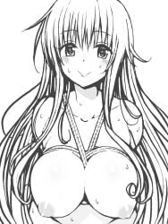 1girls blush bondage breasts female fuchi_(touo) fuchitoro lala_satalin_deviluke large_breasts long_hair monochrome nipples nude rope solo to_love-ru