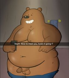 2022 balls belly big_belly brown_bear brown_body cartoon_network cellphone english_text erection genitals grizzly_(wbb) grizzly_bear hi_res humanoid_genitalia humanoid_hands humanoid_penis inside male_only mammal moobs navel nipples penis phone sebboh smartphone text ursid ursine we_bare_bears