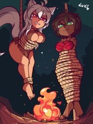 2girls angry animal_ears barefoot bondage breasts dark-skinned_female dark_skin disdain female femsub fire green_eyes highres large_breasts looking_at_viewer luxidoro mowgli multiple_girls multiple_subs red_hair rule_63 short_hair tail the_jungle_book tied_up wolf_ears wolf_girl wolf_tail