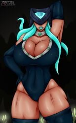 alien_girl armpits breasts_bigger_than_head covered_eyes dark-skinned_female gigantic_breasts long_hair romman08 thick_thighs