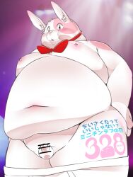 2022 anthro balls belly big_belly bow_tie censored censored_penis erection genitals hi_res humanoid_genitalia humanoid_hands humanoid_penis japanese_text kemono lagomorph leporid male mammal micropenis minichin_chubby_day moobs navel nipples overweight overweight_male penis rabbit rodemaru small_penis solo text