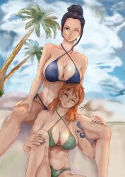 2girls abstract_background beach between_legs big_breasts bikini black_hair blue_eyes breasts brown_eyes busty cleavage clouds curvy ear_piercing female female_only hair_bun long_hair nami nico_robin one_piece orange_hair palm_tree partially_clothed post-timeskip qaismelon sitting sitting_between_legs sky spread_legs tattoo thick_thighs voluptuous wink