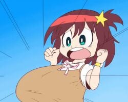 1girls animated animated_gif aqua_eyes big_breasts breast_expansion breasts brown_hair clothed clothes clothing female female_only fully_clothed gif godalmite hair huge_breasts large_breasts luluco open_mouth shocked short_hair solo solo_female space_patrol_luluco teeth tongue worried