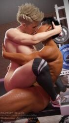 2futas 3d anal anal_sex athletic_futanari depth_of_field dissidenthellion embrace futa_on_futa futa_only futanari gym human indoors kissing large_breasts multiple_girls muscular muscular_futanari nataliya_(dissidenthellion) nude nude_futanari seated short_hair side_view sitting slushe_(website)