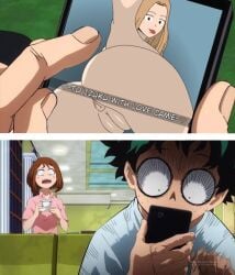 1boy 2girls anus ass ass_focus big_ass camie_utsushimi cellphone clothing dat_ass diyunk edit female izuku_midoriya long_hair looking_at_viewer looking_back message my_hero_academia nude ochako_uraraka phone pussy showing_ass solo tongue_out