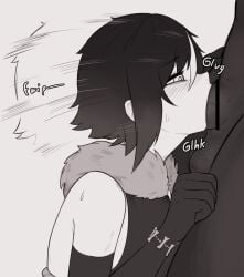 1boy balls bar_censor blush bone censored chikaretsu clothed_female clothed_sex dark-skinned_male deepthroat deepthroat_holder elbow_gloves fellatio female femdom fur_collar gag gagging gloves highres interracial irrumatio kneeling leotard male monochrome motion_lines multicolored_hair necromancer oral original petite sweat testicles throat_bulge throat_fuck tight_throat zombie