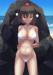 absurdres ambasa arms_behind_back beach bikini black_hair blush breasts cleavage collarbone cowboy_shot day female female hat highres horizon large_breasts looking_at_viewer navel outdoors red_eyes shameimaru_aya short_hair smile solo swimsuit tokin_hat touhou white_bikini