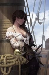 breasts brown_hair female female_pirate fit mature standing