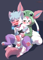 absurd_res ahe_gao alolan_vulpix anthro berr blue_eyes brian_the_sylveon clothing controller duo eeveelution game_controller green_eyes hi_res hoodie knot legwear looking_pleasured male male/male male_only medical_instrument multi_tail nintendo on_lap pawpads paws pokemon pokemon_(species) regional_form_(pokémon) sarox scientific_instrument sitting_on_lap smug stethoscope sylveon thigh_highs topwear video_games vulpix