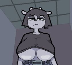 1girls belt black_hair bovid breasts caprine casual clothing female grey_fur hair horns jeans no_bra parappa_the_rapper rammy_lamb sagging_breasts shirt toedi um_jammer_lammy underboob wardrobe_malfunction